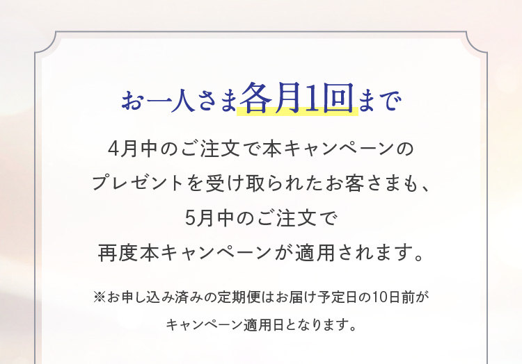 ����l���܊e��1��܂�4�����̂������Ŗ{�L�����y�[���̃v���[���g���󂯎��ꂽ���q���܂��A5�����̂������ōēx�{�L�����y�[�����K�p����܂��B