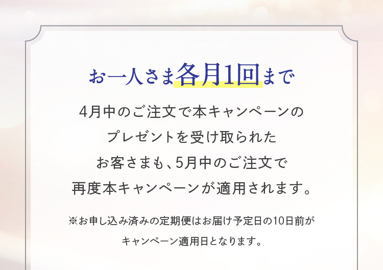 ����l���܊e��1��܂�4�����̂������Ŗ{�L�����y�[���̃v���[���g���󂯎��ꂽ���q���܂��A5�����̂������ōēx�{�L�����y�[�����K�p����܂��B